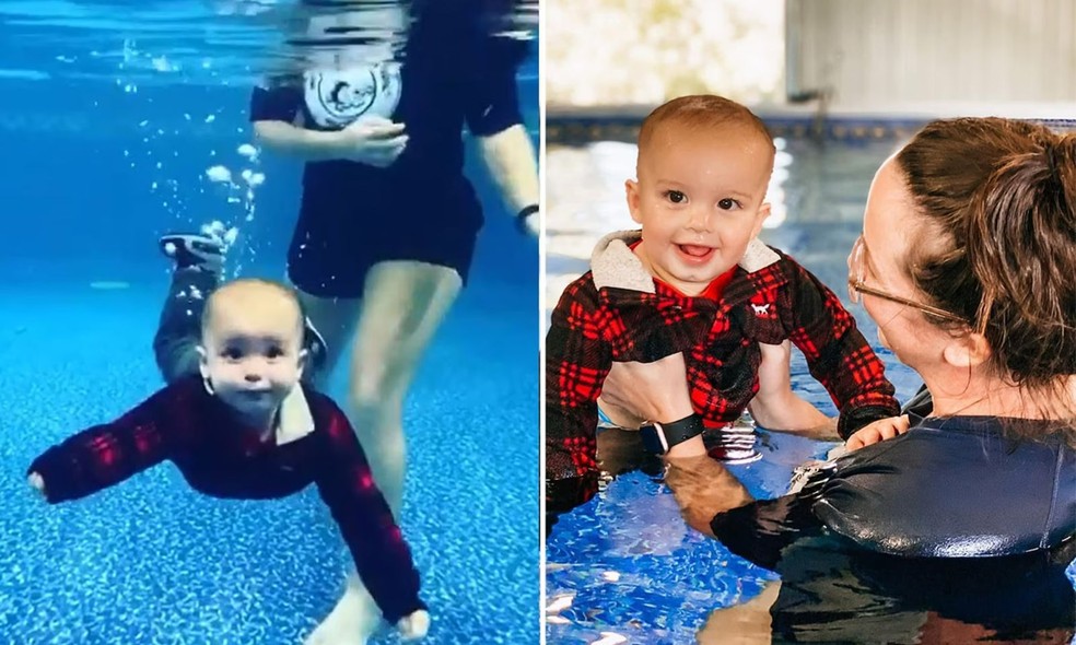 O bebê foi jogado na piscina com roupa e sabia exatamente o que fazer — Foto: Reprodução Daily Mail