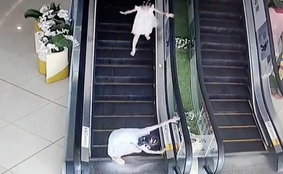 Vídeo: menina evita tragédia após criança prender pé em escada rolante