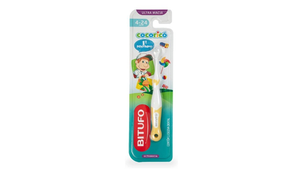 A escova de dentes da Bitufo traz o tema Cocoricó e está disponível nas cores branca e amarelo, branca e azul e branca e rosa — Foto: Reprodução/Amazon