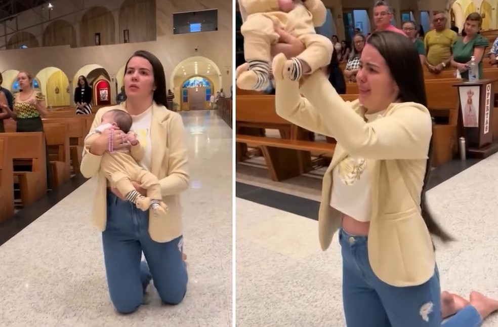 Mãe entra de joelhos em igreja com bebê nos braços para pagar promessa — Foto: Reprodução/Instagram