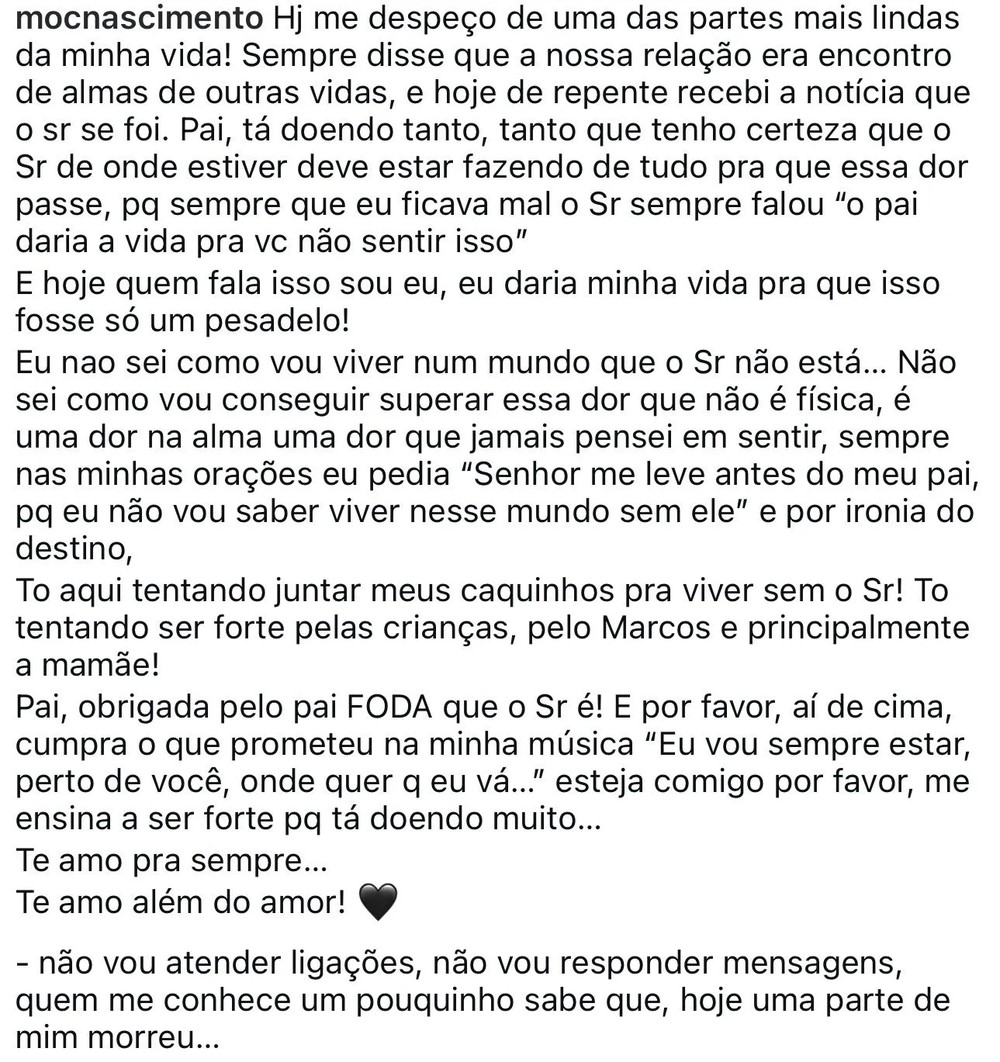 filha do cantor rick escreveu texto em homenagem a ele