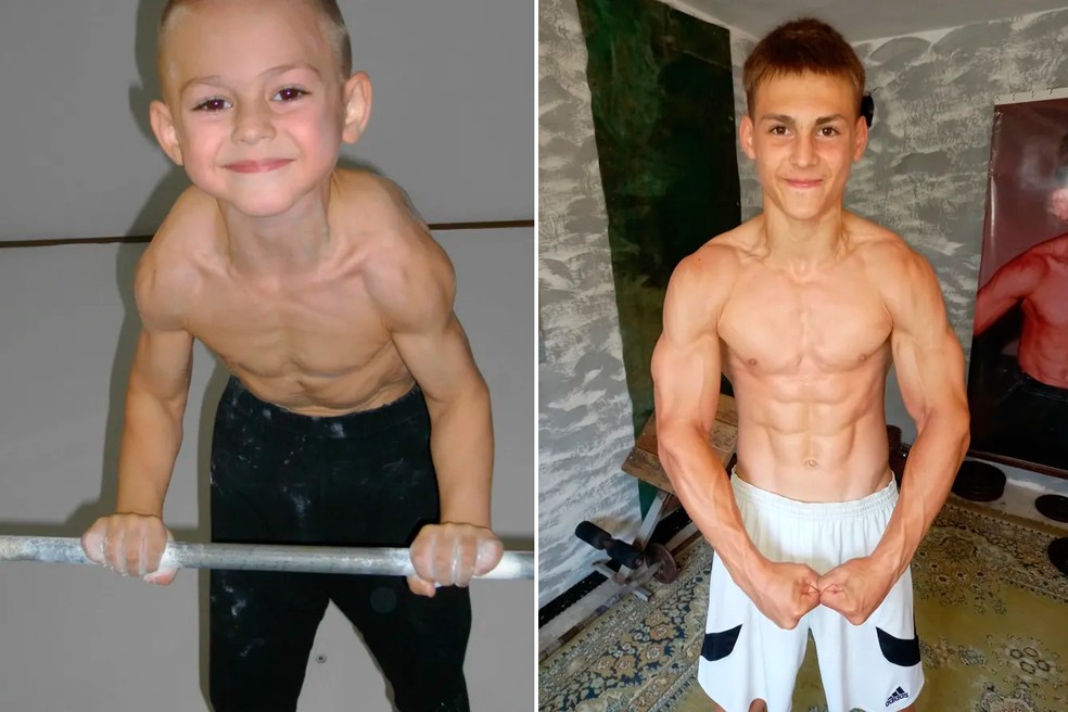 Giuliano Stroe quando criança e agora, aos 19 anos, ainda mantendo um corpo musculoso — Foto: Reprodução/Facebook/Giuliano Stroe