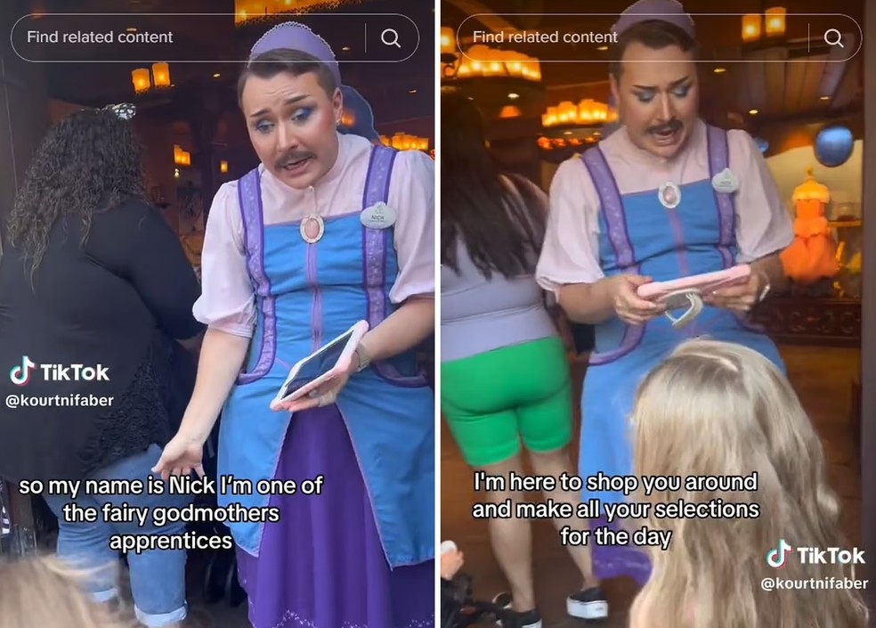 O funcionário de vestido na Disney deixou algumas pessoas indignadas na internet — Foto: Reprodução/ TikTok