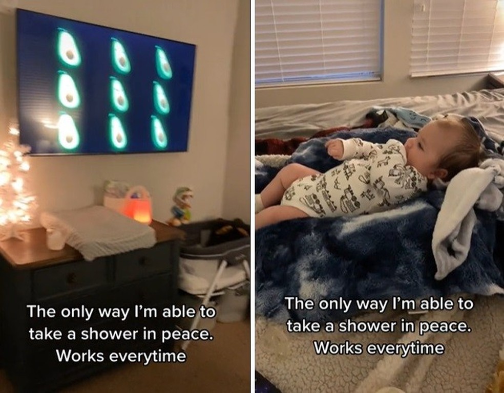 A mãe postou vídeo em que o bebê assiste a um videoclipe animado na cama (Foto: Reprodução/ TikTok) — Foto: Crescer