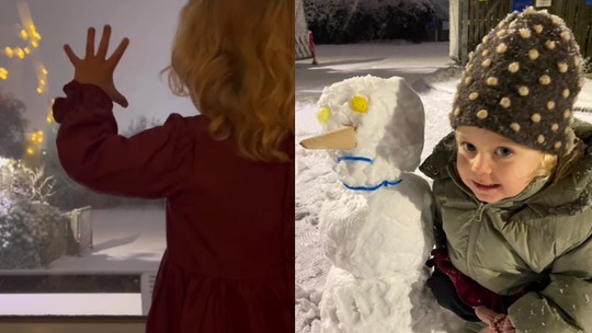 Alice conquista redes sociais ao construir boneco de neve com o pai; assista 