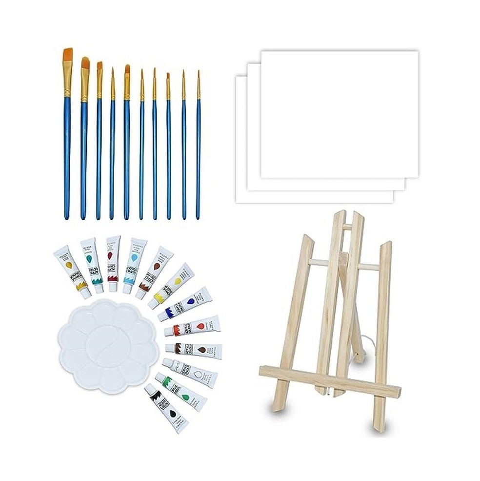 Conjunto de pintura acrílica para crianças Niecho acompanha uma bolsa de PVC transparente para armazenar as peças — Foto: Reprodução/Amazon