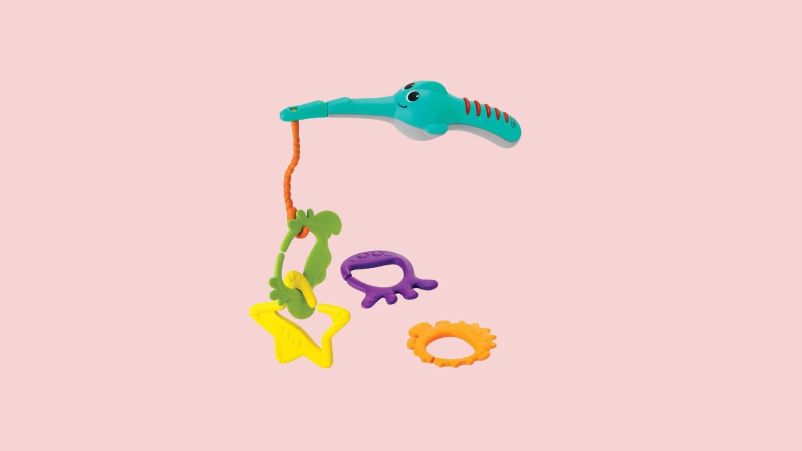 Esse é para brincar de pesca na hora do banho do bebê! Vem com uma varinha de pescar e 4 brinquedinhos coloridos| baudalulu.com.br | R$55,93