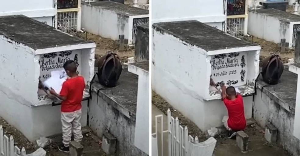 Menino visita túmulo, no Equador — Foto: Reprodução/ Youtube