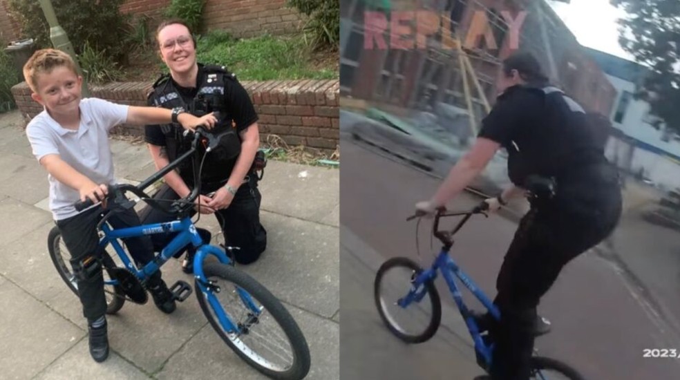 Uma policial inglesa usou uma bicicleta infantil para perseguir um suspeito de roubo — Foto: Reprodução/Facebook