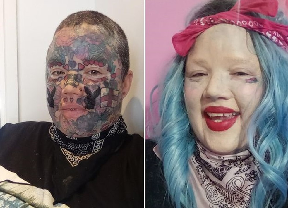 Melissa com suas tatuagens à esquerda e, à direita, com peruca e maquiagem — Foto: Reprodução/The Mirror