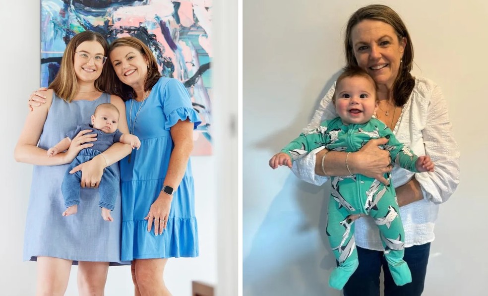 Avó mostra neto gerado com seu útero, após transplante — Foto: Reprodução/The Sun