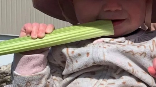 Bebê fica com queimadura na pele depois de comer salsão no sol