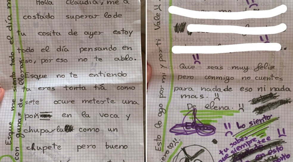 A pequena Elena escreveu uma carta para irmã, dizendo estar chateada por agora saber de suas experiências sexuais — Foto: Reprodução/Twitter
