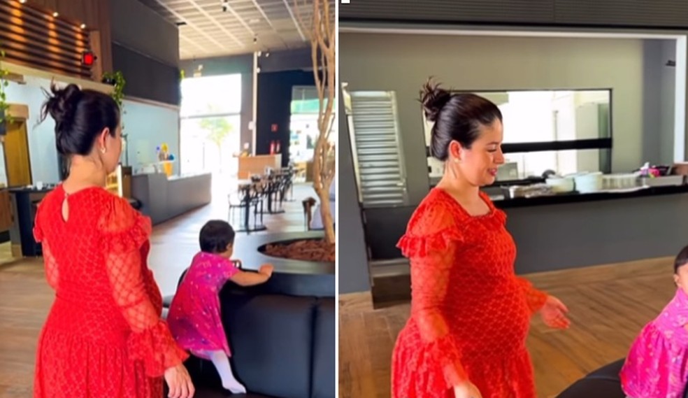 Camila grávida de 9 meses, com a bebê também de 9 meses — Foto: Reprodução/redes sociais