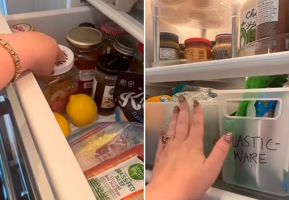 Mãe mostra como mudou a disposição dos alimentos na geladeira para que ficassem no campo de visão da família — Foto: Reprodução/TikTok