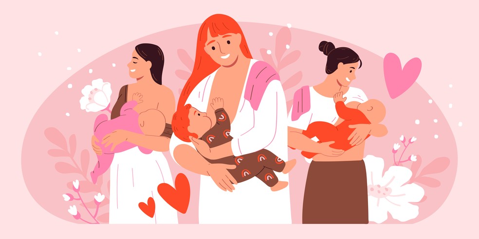 Ilustração de mães amamentando com bebês no colo — Foto: Freepik