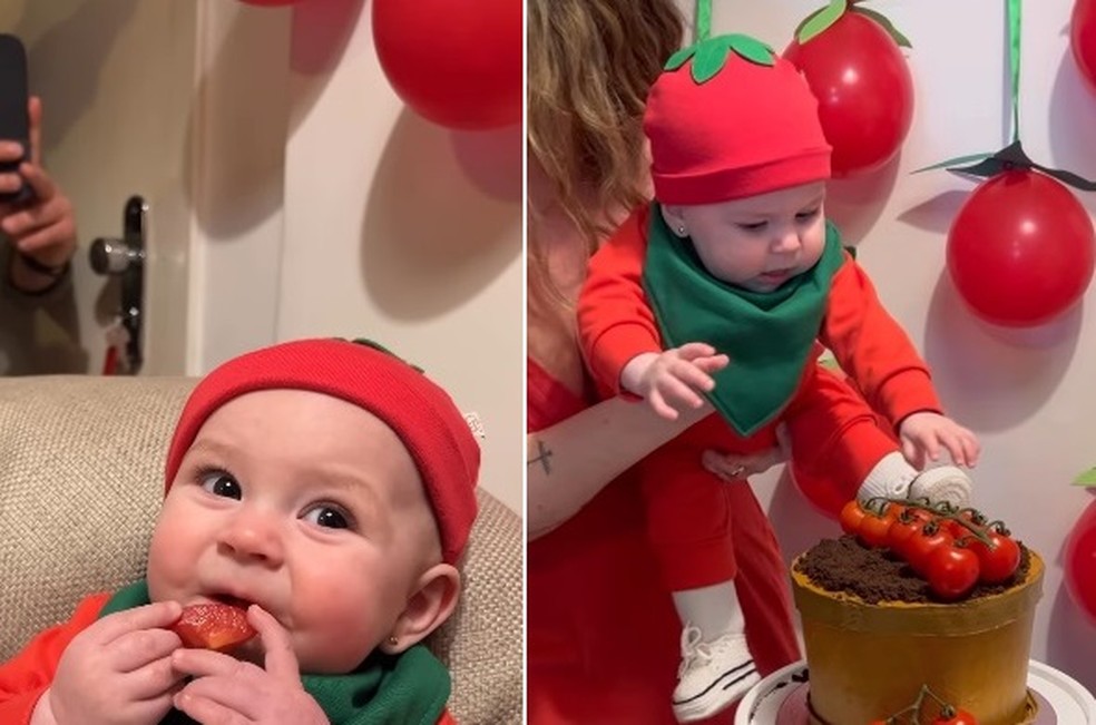 Aurora vestida de tomato e, claro, comendo seu alimento preferido — Foto: Reprodução/Instagram