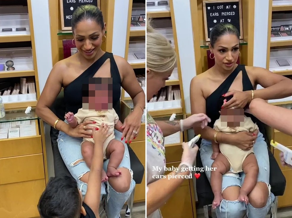 A mãe postou o vídeo do momento em que sua bebê de 4 meses teve as orelhas furadas — Foto: Reprodução/ TikTok