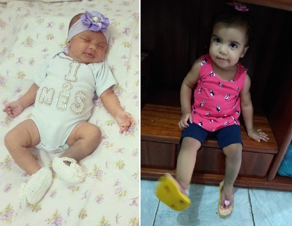 Valentina com 1 mês e, ao lado, com 1 ano (Foto: Arquivo pessoal) — Foto: Crescer