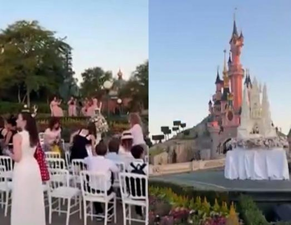 Cerca de 100 convidados sentados foram vistos esperando por um suposto 'casamento' entre um britânico de 22 anos e uma menina de nove anos na Disney Paris  — Foto: Reprodução Daily Mail