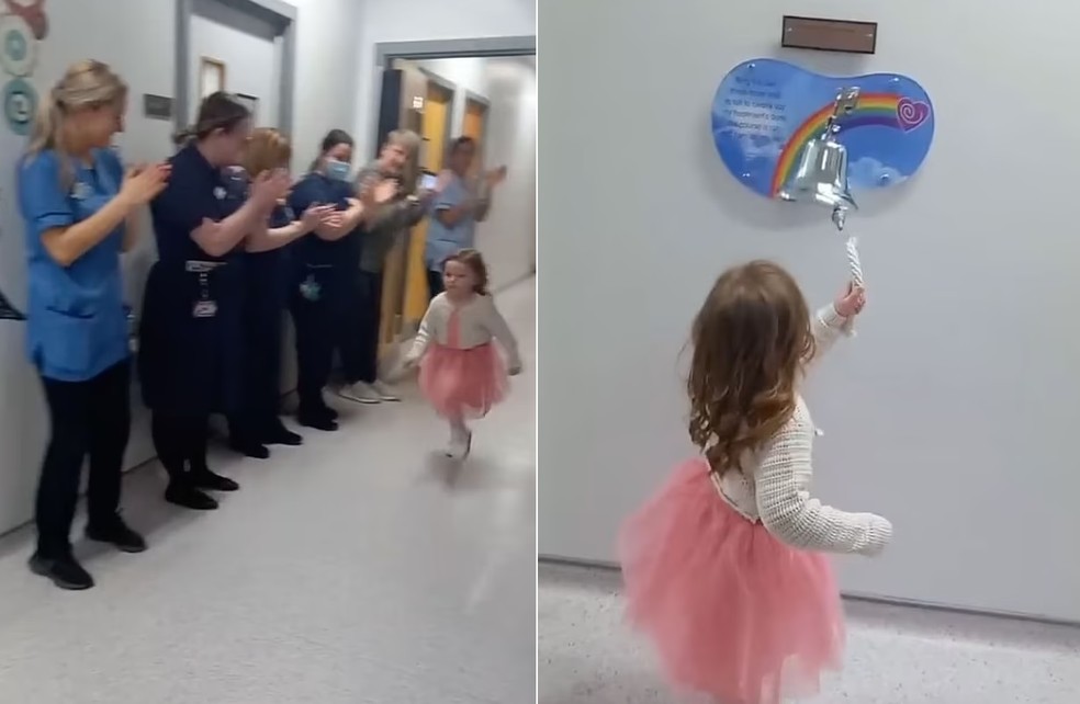 A pequena foi aplaudida ao, finalmente, tocar o sino: ela estava livre do câncer — Foto: Reprodução/ Daily Mail