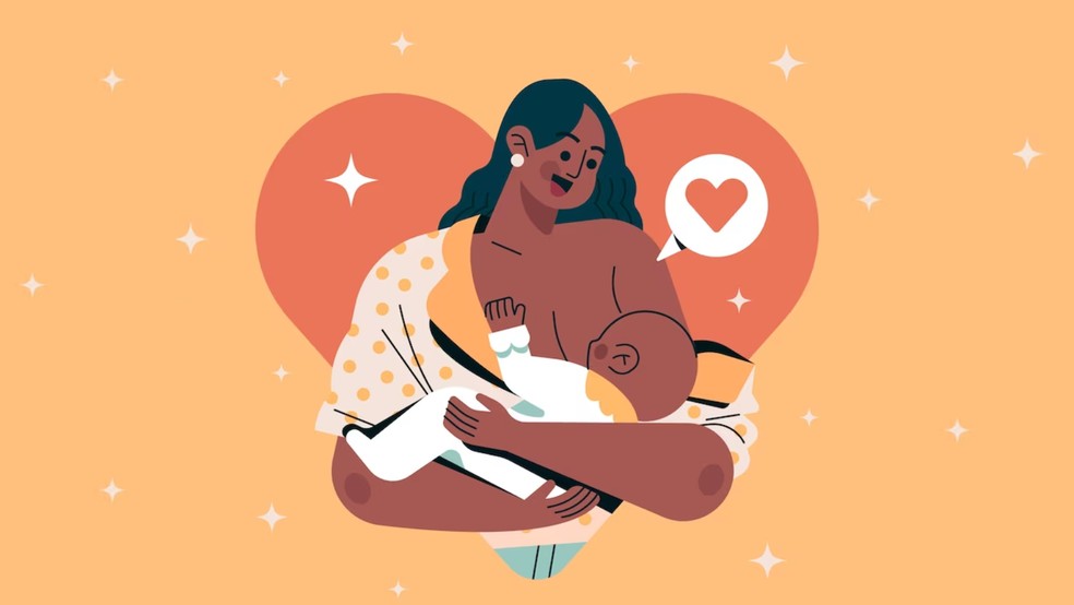 Desenho de mãe amamentando seu bebê com um coração atrás — Foto: Freepik