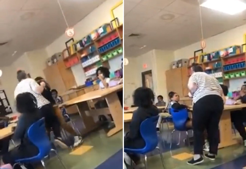 Professora agarra e grita com aluno em sala de aula — Foto: Reprodução/Twitter