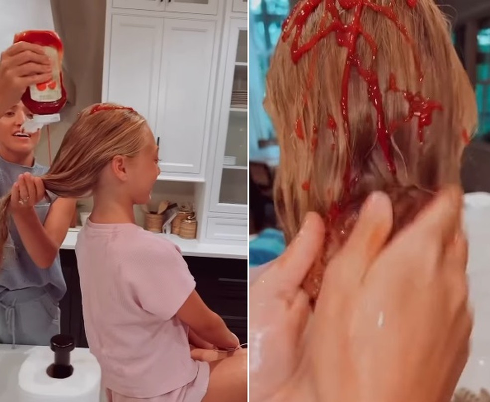 Mãe passa ketchup nos cabelos para tirar coloração esverdeada — Foto: Reprodução/Instagram