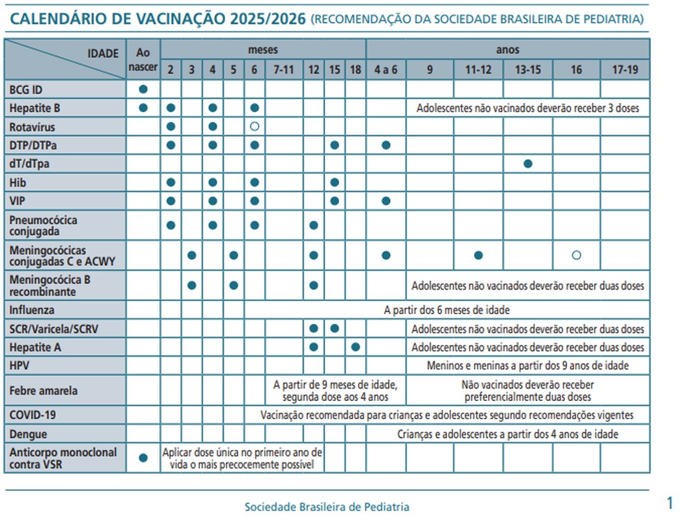 Calendário de vacinação infantil — Foto: Reprodução SBP