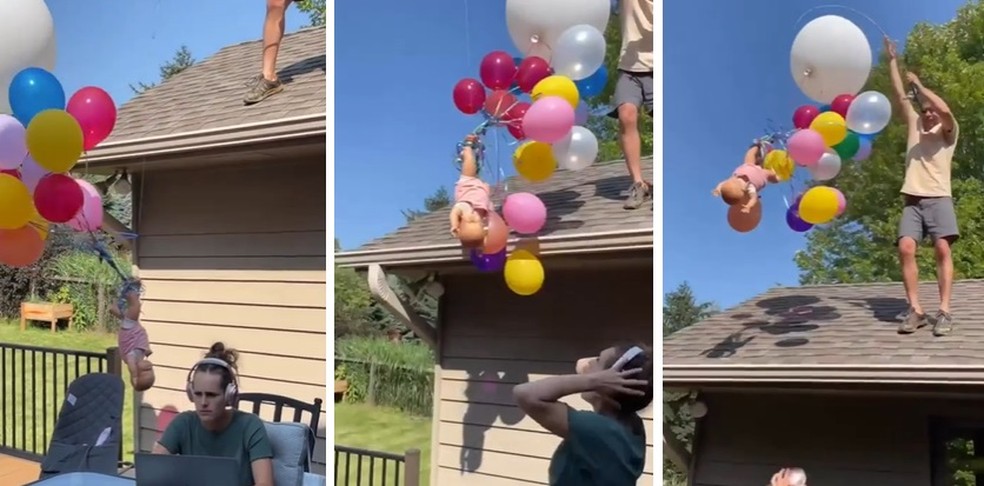 O pai suspende a boneca, presa por balões, e trolla a mãe — Foto: Reprodução/ Instagram