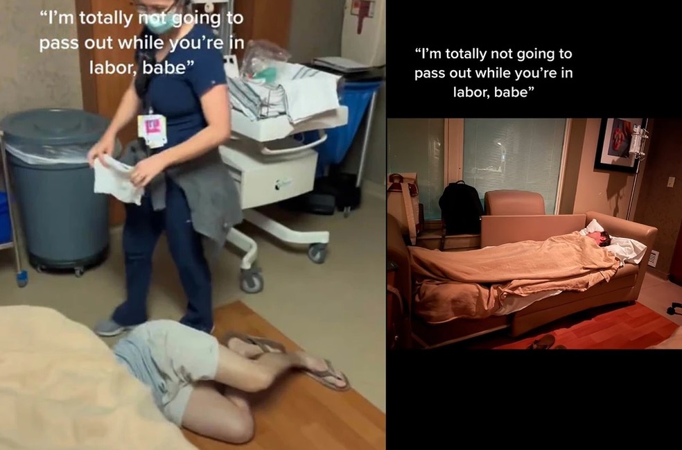 O pai desmaiou ao ver a agulha da epidural, na sala de parto — Foto: Reprodução/ TikTok