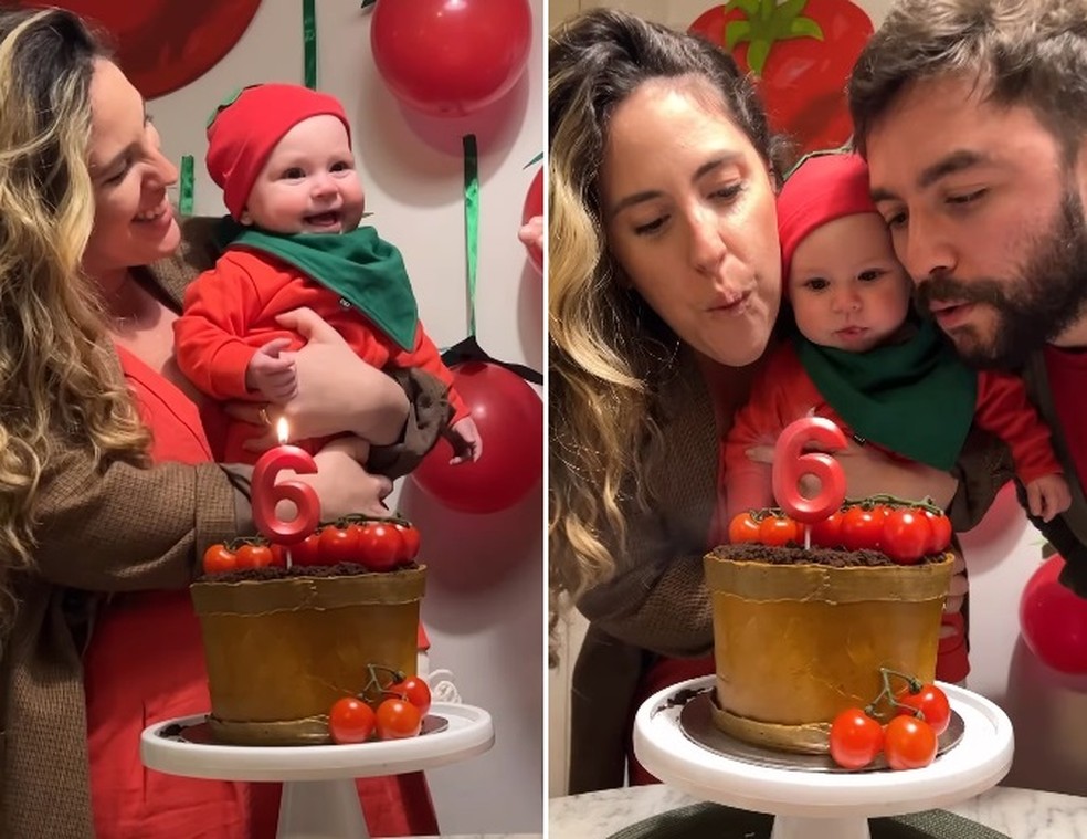 Aurora com os pais no mesversário de 6 meses — Foto: Reprodução/Instagram