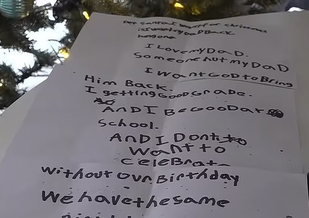 A menina de 7 anos escreveu para o Papai Noel, pedindo seu pai de volta — Foto: Reprodução/11 Alive