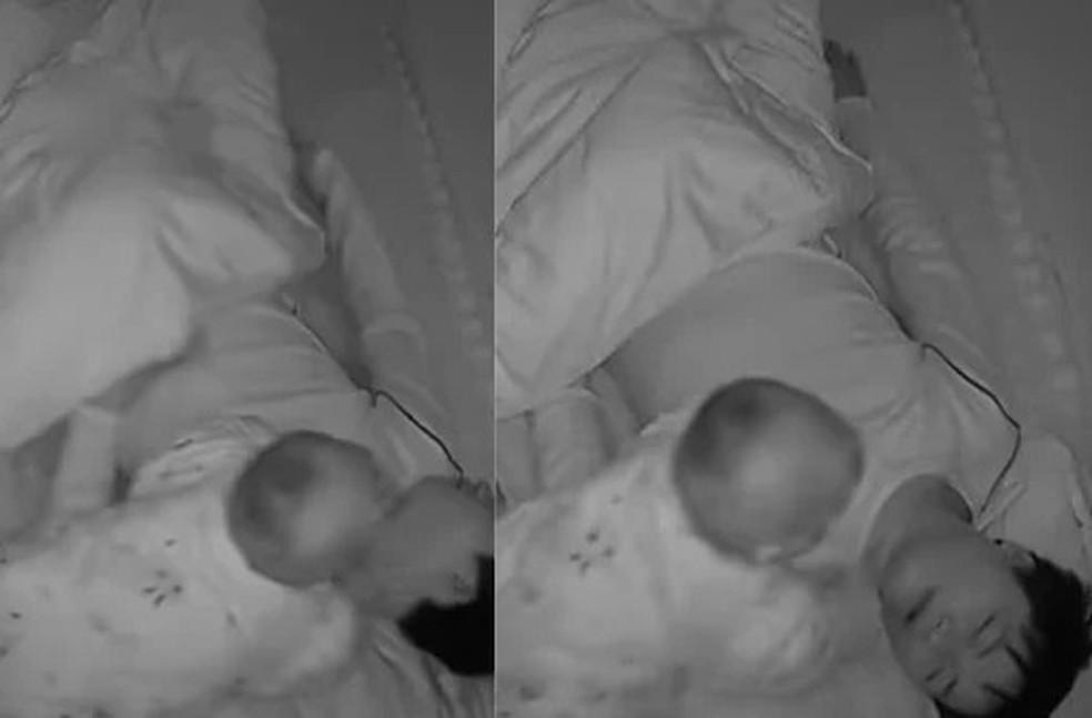 No vídeo, o bebê chama atenção de seu pai para que não ronque — Foto: Reprodução/YouTube