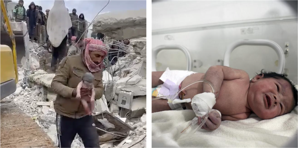 A pequena Aya nasceu sob os escombros de um prédio na Síria, após um terremoto atingir o país — Foto: AP