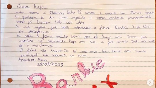 Menina de 12 anos escreve carta pedindo filme da Barbie na Netflix e viraliza