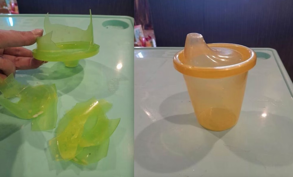 O copo de plástico estilhaçou após uma queda — Foto: Reprodução/Stuff