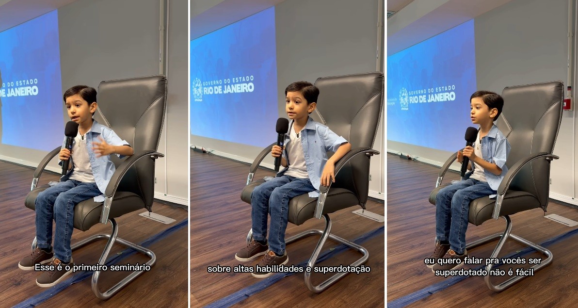 Capa fotográfica da fonte da Ninho: Menino de 7 anos viraliza com discurso impecável sobre altas habilidades, no RJ: "Ser superdotado não é fácil"