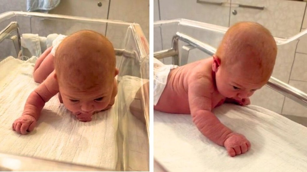A mãe filmou a bebê de três dias levantando a cabeça e rastejando — Foto: Reprodução/ TikTok