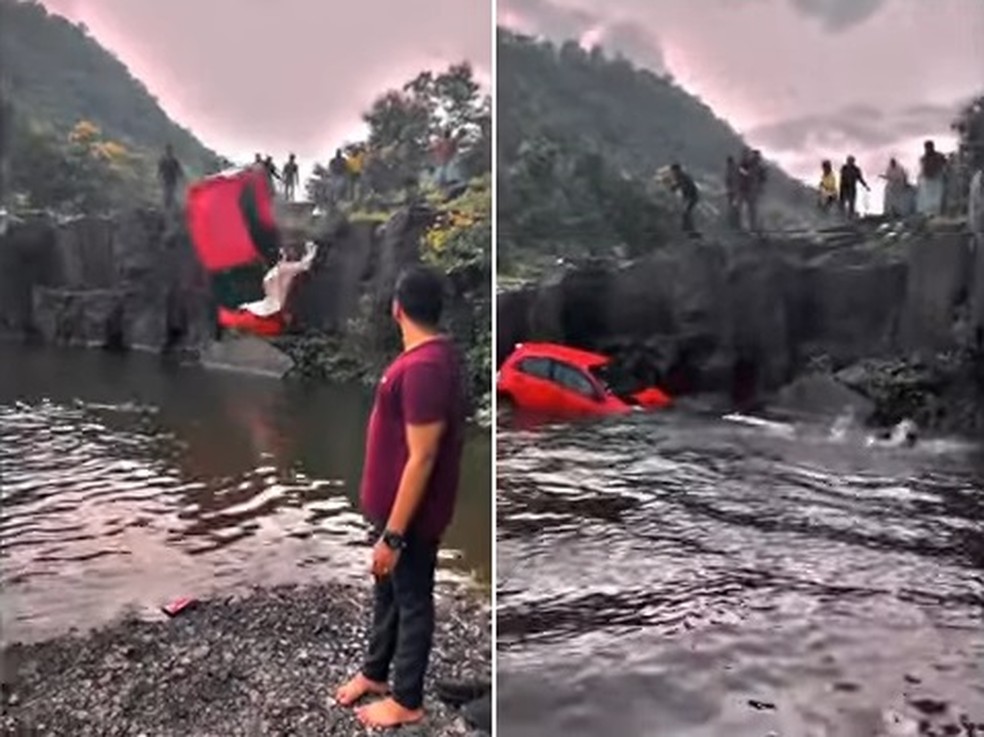 Carro cai de cachoeira com menina de 13 anos dentro, na Índia — Foto: Reprodução/New York Post